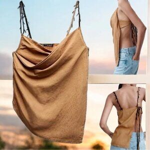 New ZARA Women's Size Small Asymmetrical Wrap Brown Beaded Top Open Sleeveless S